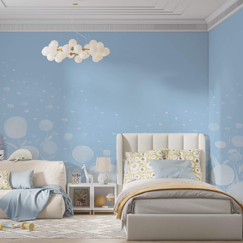 Fehér virágok levelekkel és kék háttérrel