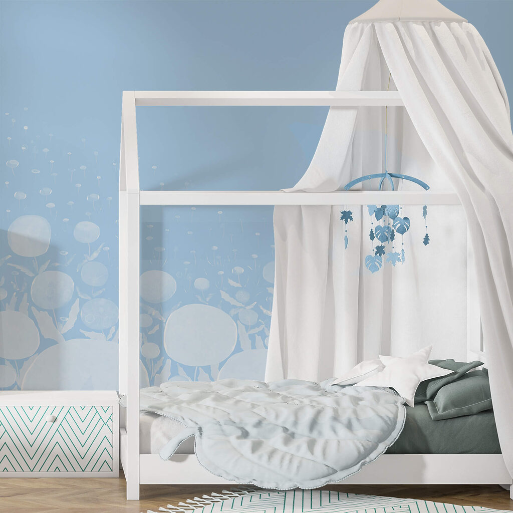 Fehér virágok levelekkel és kék háttérrel