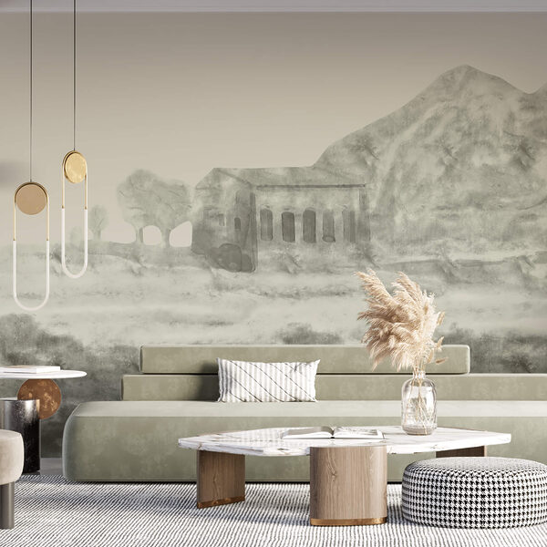 Épület és hegy rajza