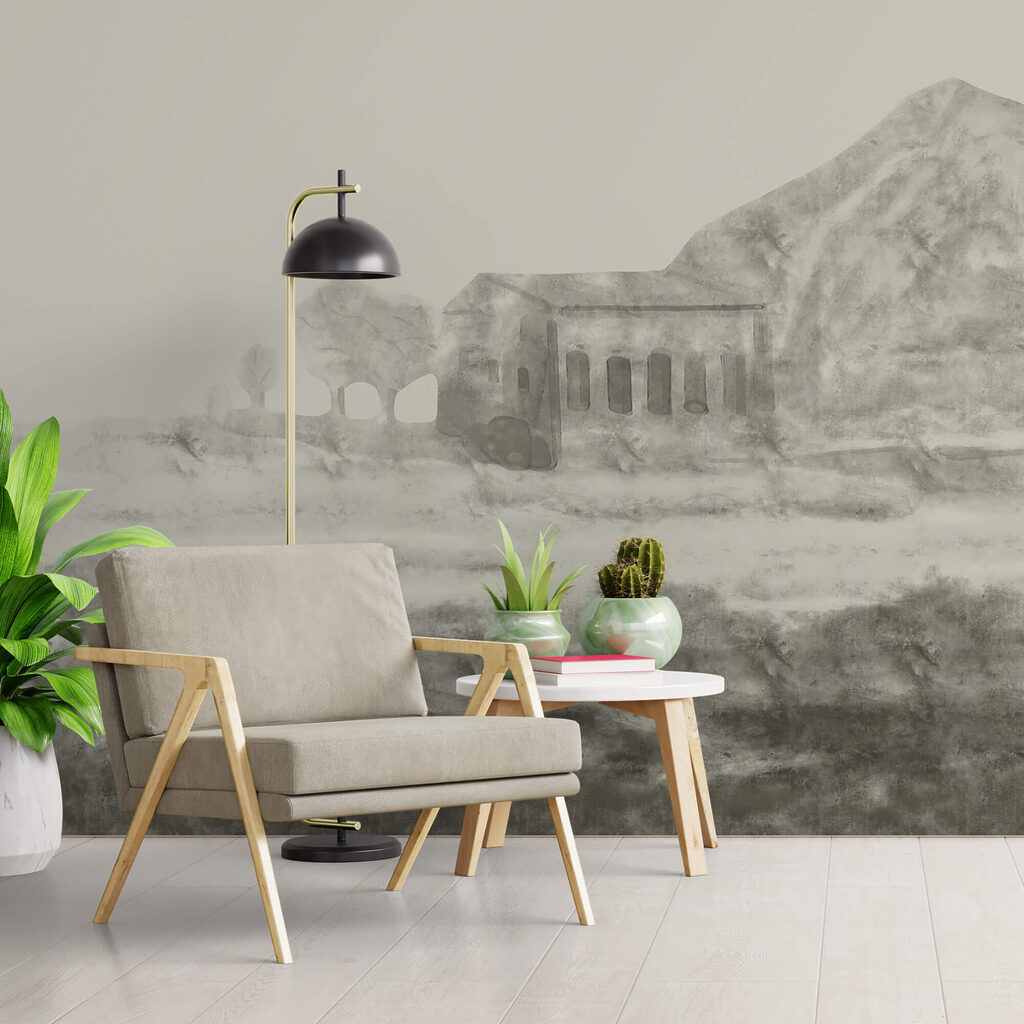 Épület és hegy rajza