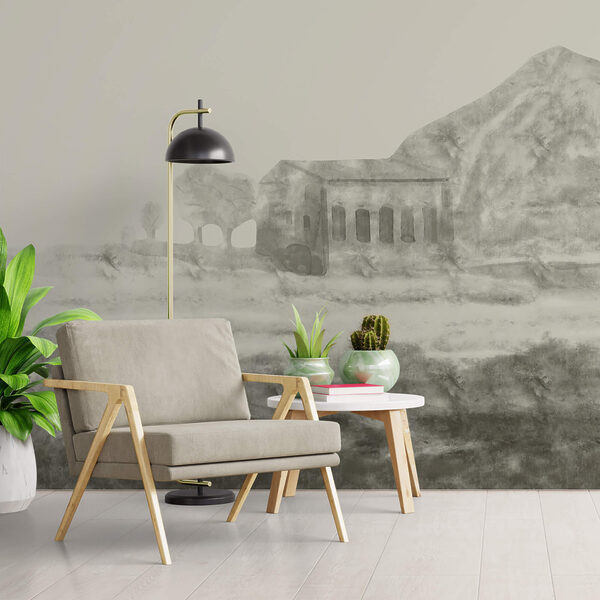 Épület és hegy rajza