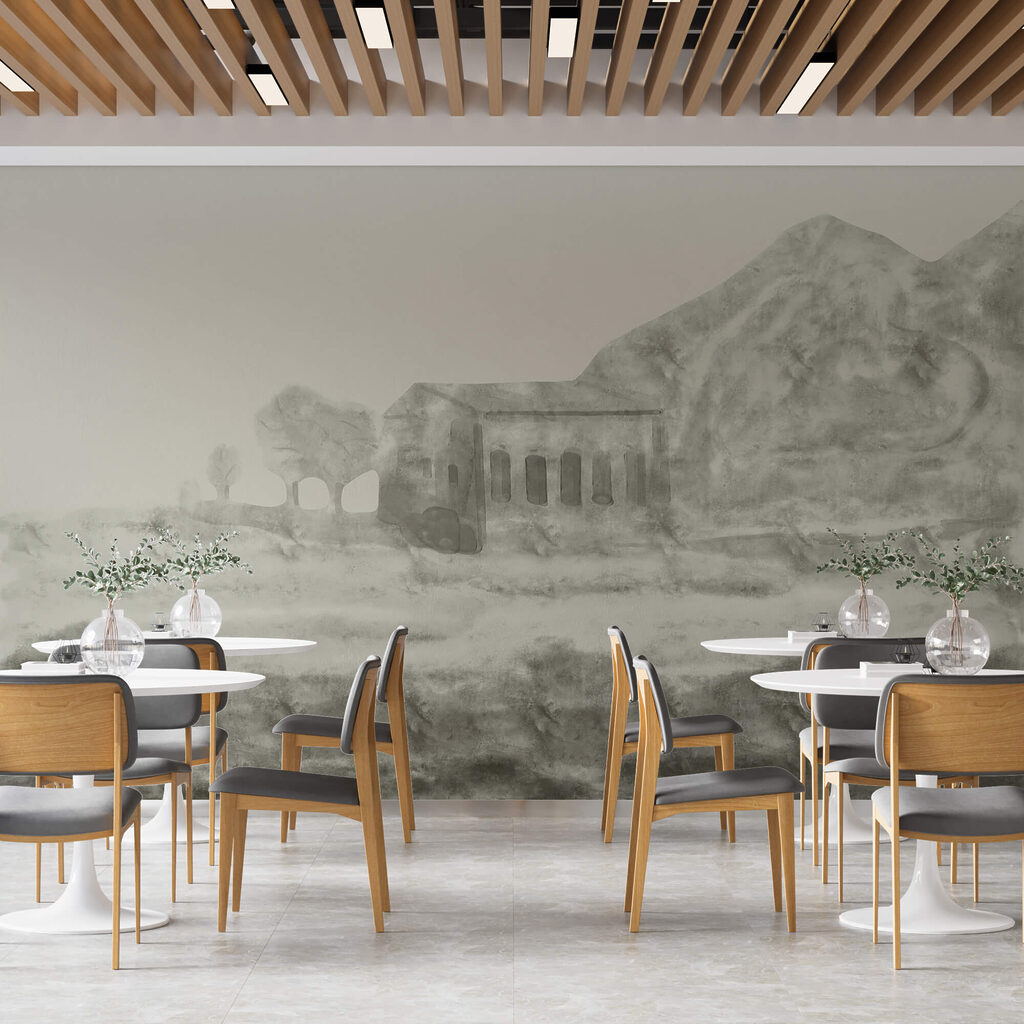 Épület és hegy rajza