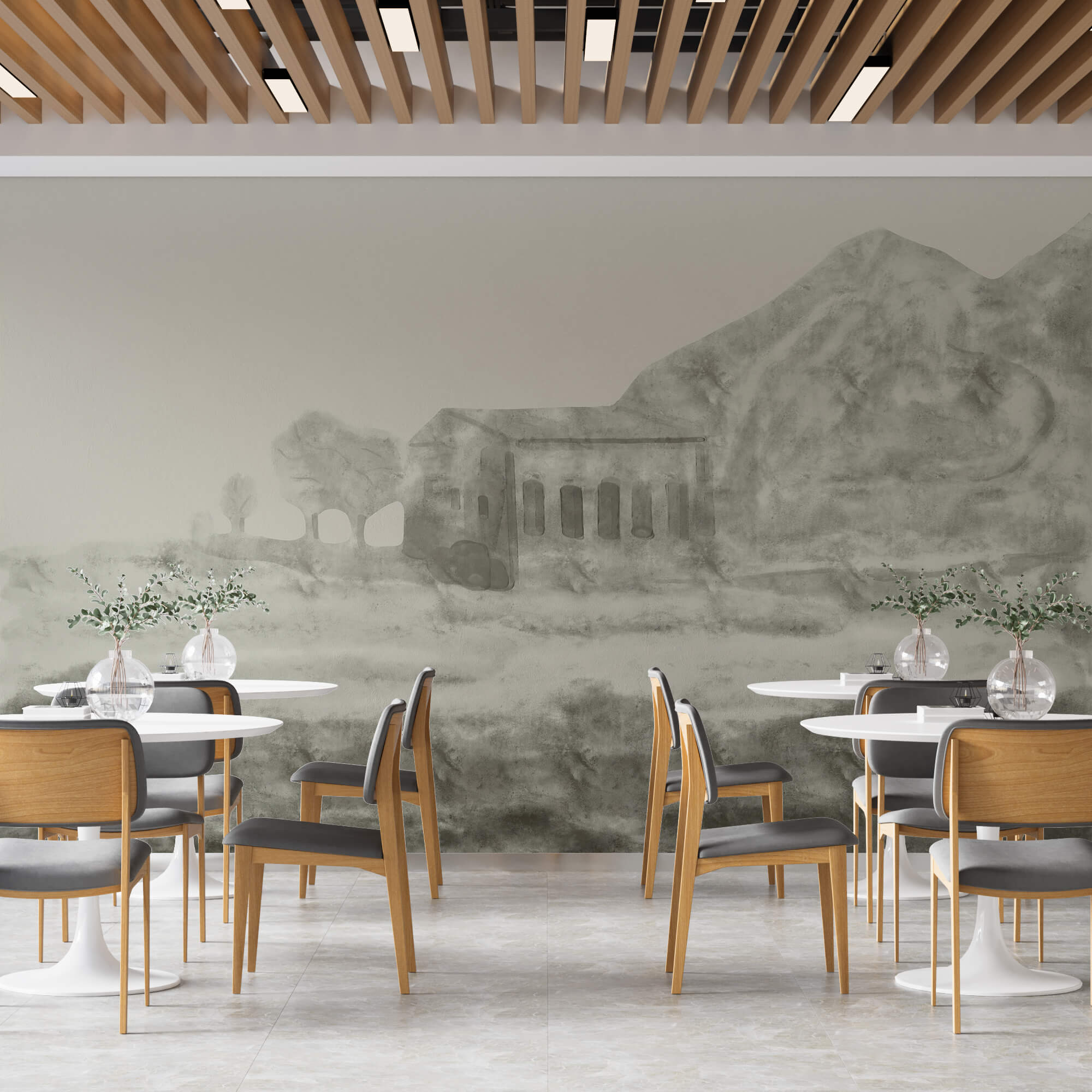 Épület és hegy rajza