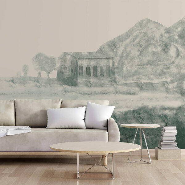 Épület és hegy festménye