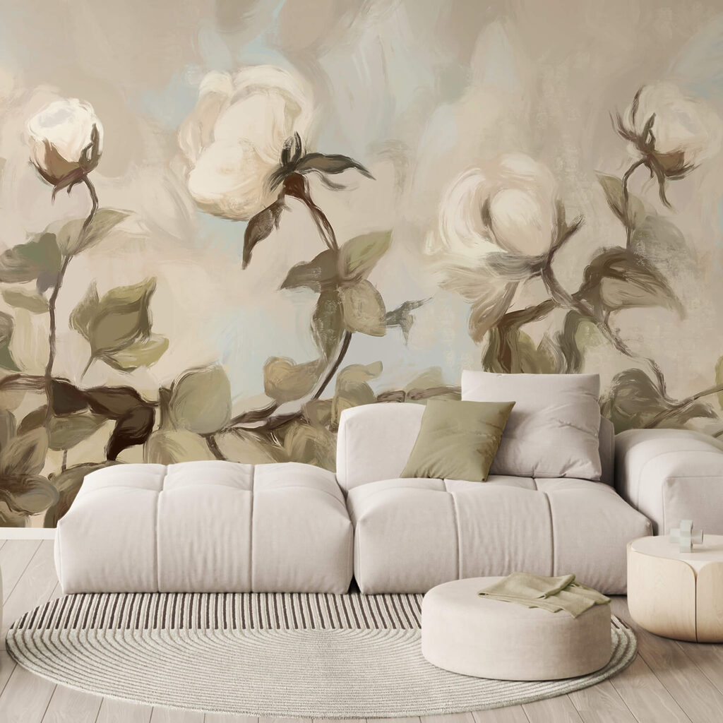 Fehér virágok és levelek festménye