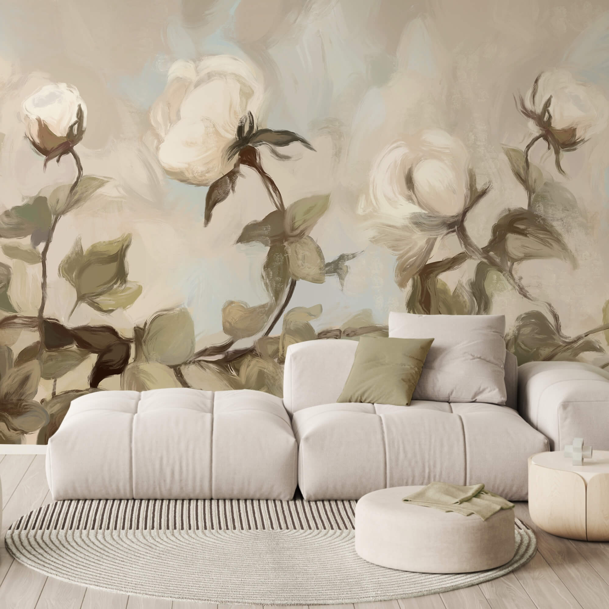 Fehér virágok és levelek festménye