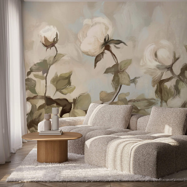 Fehér virágok és levelek festménye