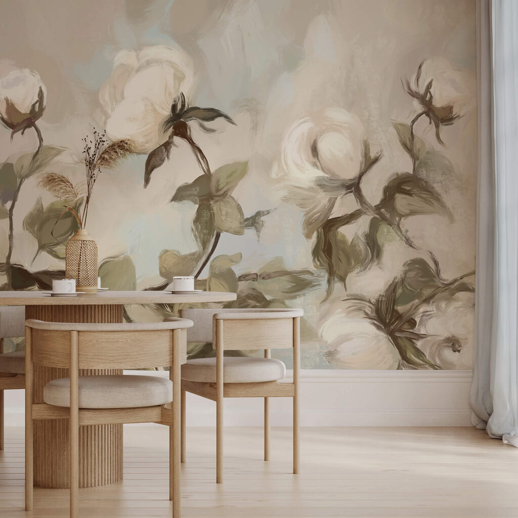 Fehér virágok és levelek festménye