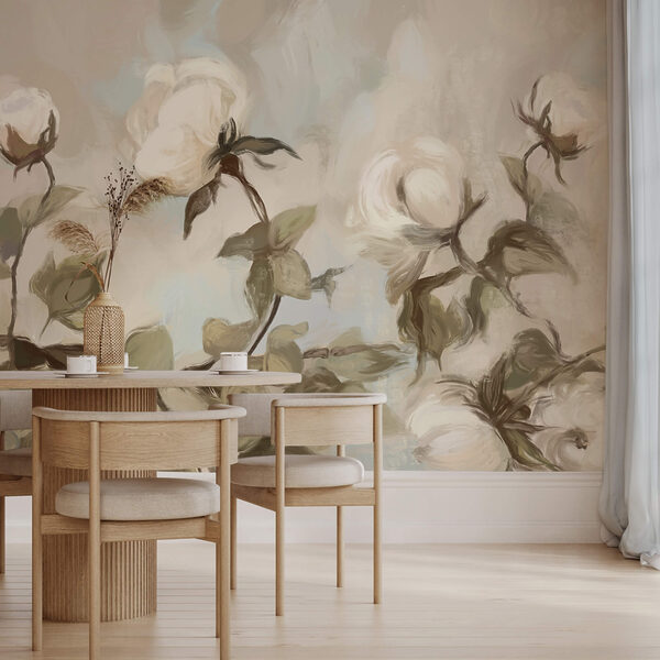 Fehér virágok és levelek festménye