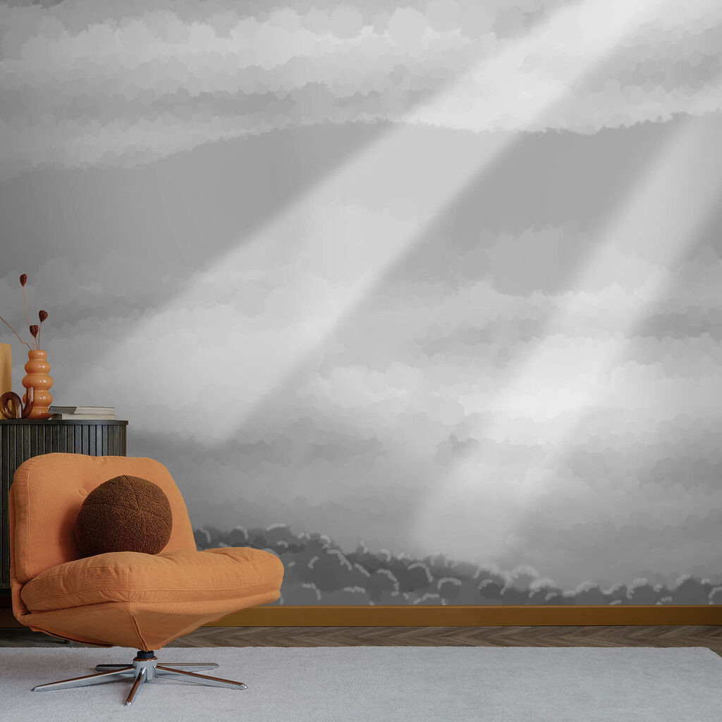 Szürkeskálás kép felhőkről és napsugarakról