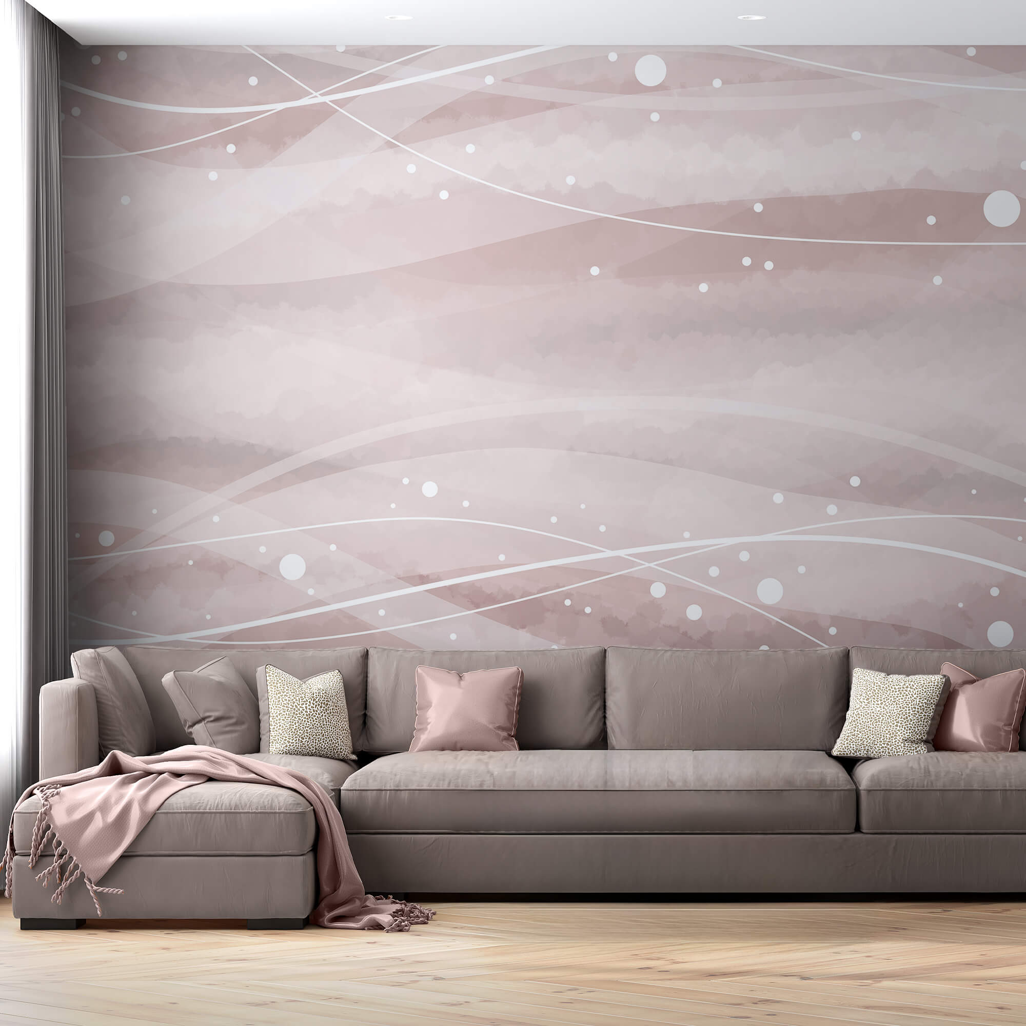 Fehér vonalak és pontok rózsaszín háttérrel