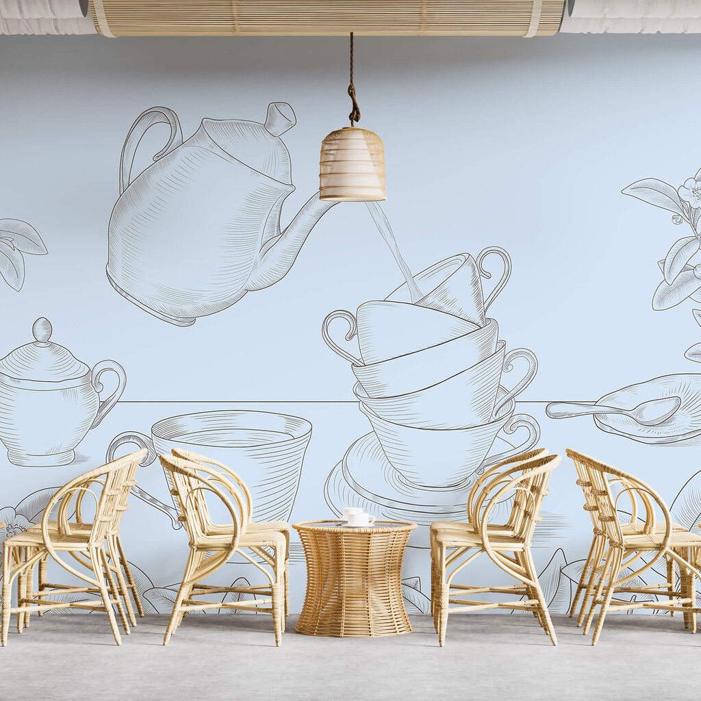 Teáskanna, amely egy teáscsészékből álló halomba önt Teáskanna, amely egy teáscsészékből álló halomba önt