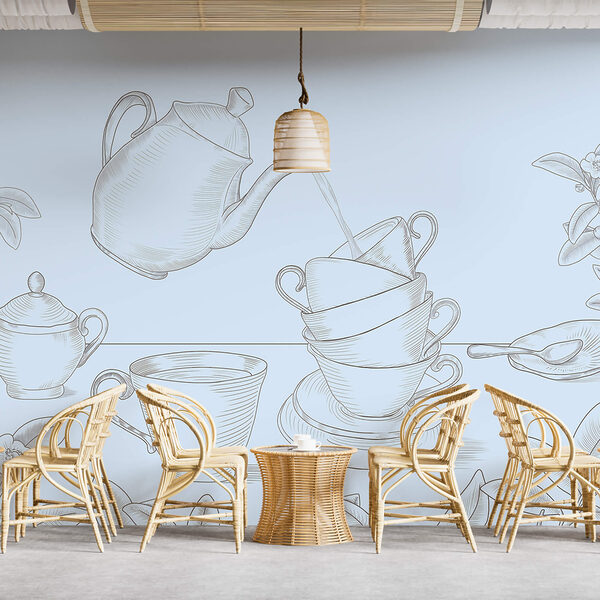 Teáskanna, amely egy teáscsészékből álló halomba önt Teáskanna, amely egy teáscsészékből álló halomba önt