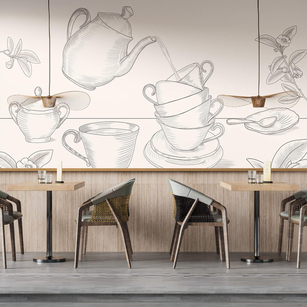 Teáskanna, amely egy teáscsészékből álló halomba önt