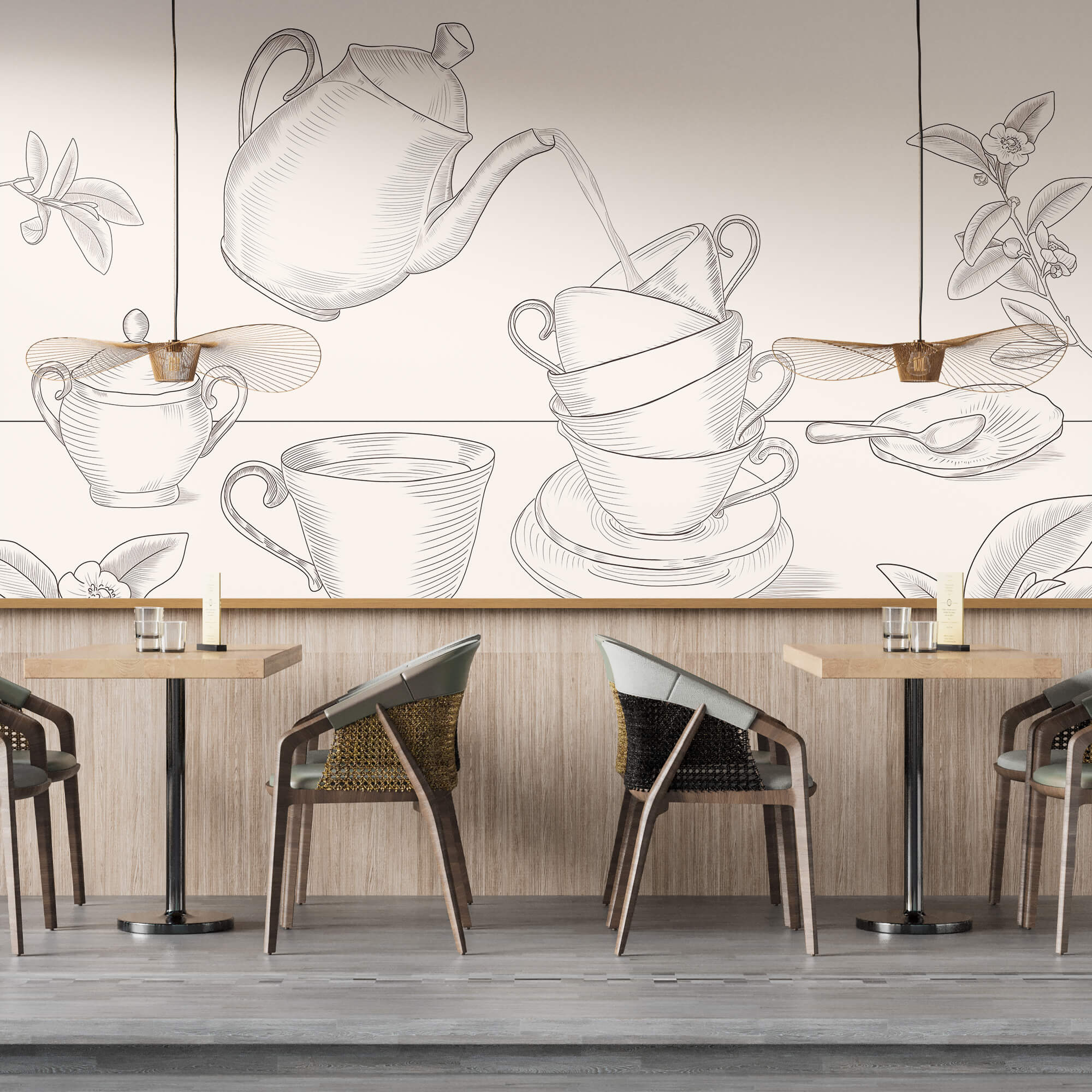 Teáskanna, amely egy teáscsészékből álló halomba önt