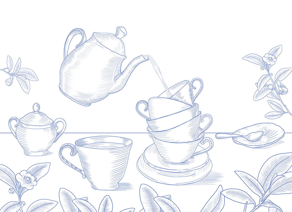 Teapot pouring into a stack of teacups
