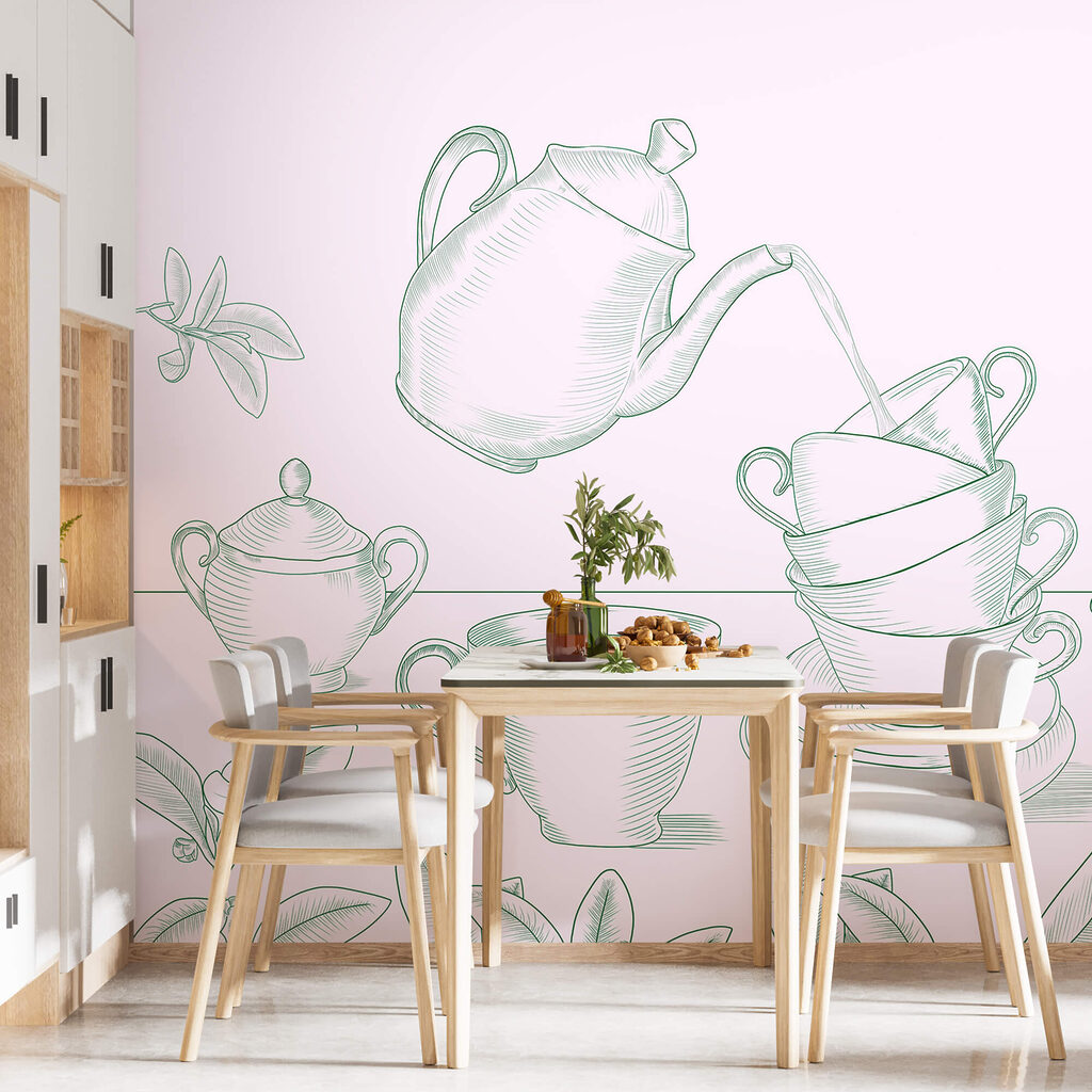 Teáskanna, amely teát önt egy teáscsészékből álló halomba Teáskanna, amely teát önt egy teáscsészékből álló halomba