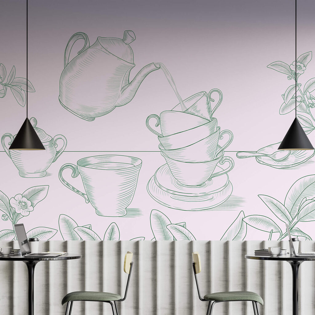 Teáskanna, amely teát önt egy teáscsészékből álló halomba Teáskanna, amely teát önt egy teáscsészékből álló halomba