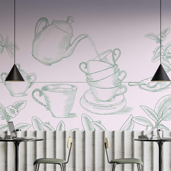 Teáskanna, amely teát önt egy teáscsészékből álló halomba Teáskanna, amely teát önt egy teáscsészékből álló halomba