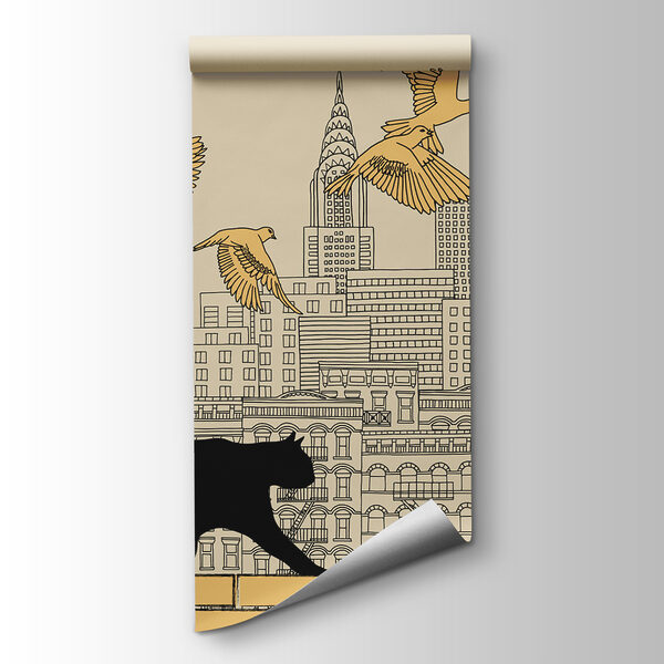 Cat walking on a wall with birds flying in the sky