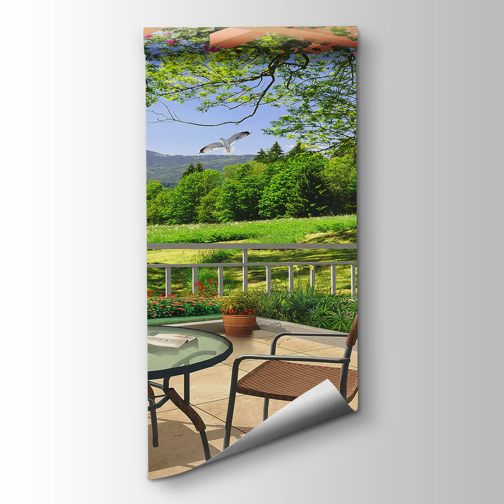 Patio with a table and chairs and a view of a green field Patio with a table and chairs and a view of a green field