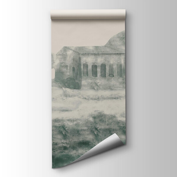 Painting of a building and a mountain