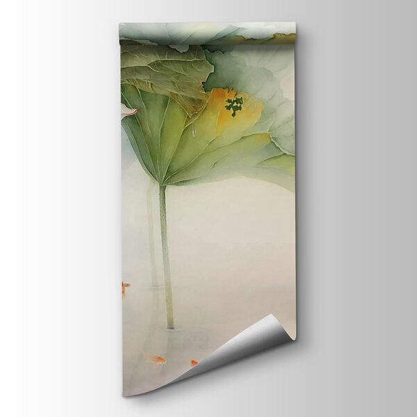 Painting of a duck swimming in a pond with flowers