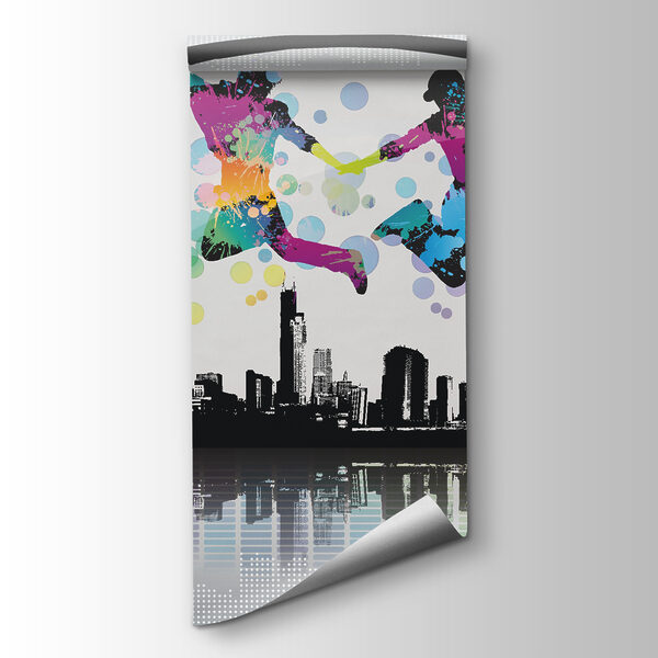 Couple of people jumping in the air with headphones Couple of people jumping in the air with headphones