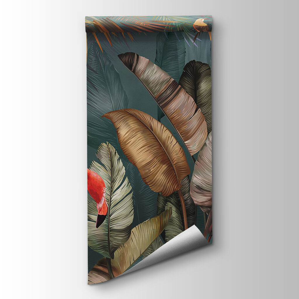 Pink flamingos and a bird in a forest Pink flamingos and a bird in a forest