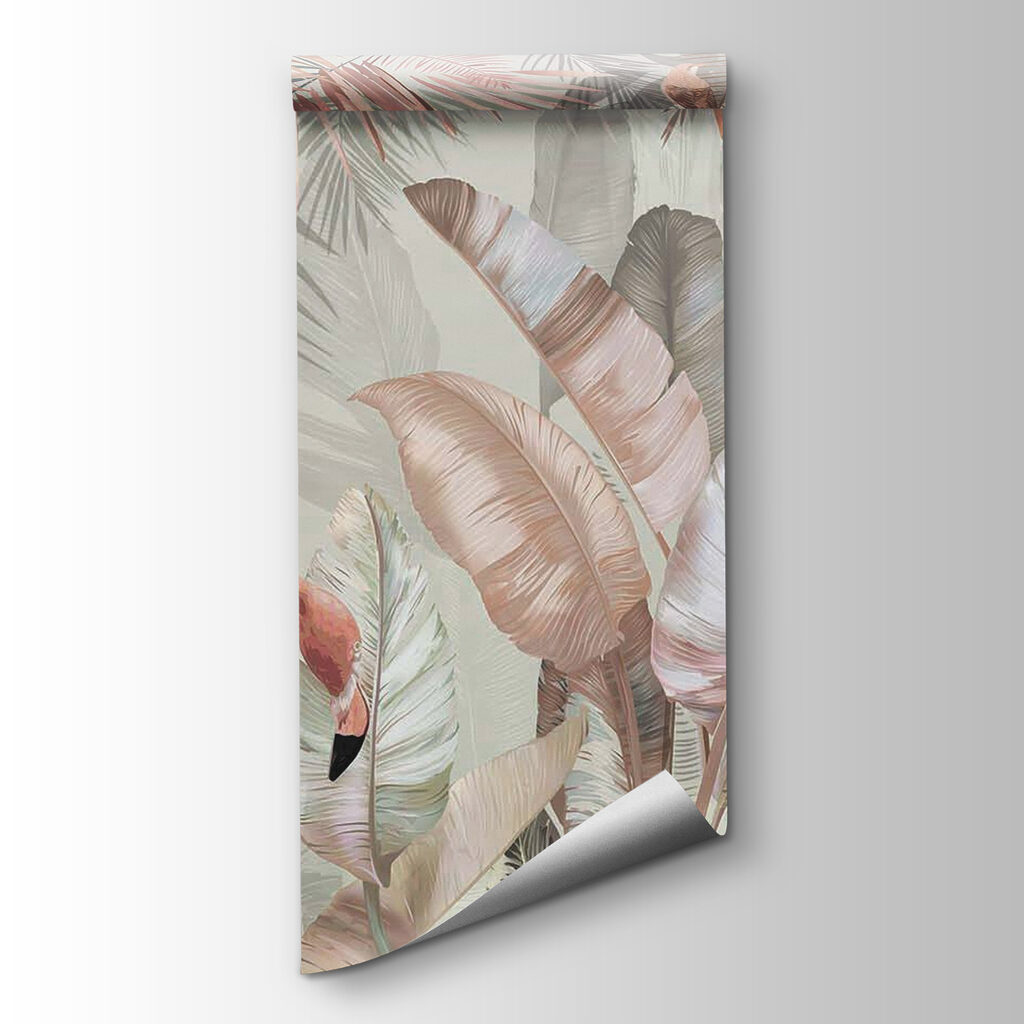 Flamingos and tropical leaves