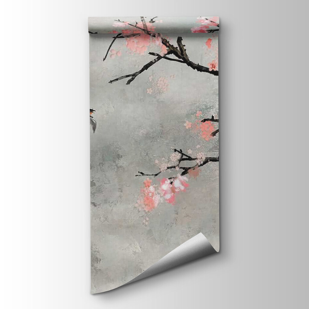 Tree branch with pink flowers and birds flying