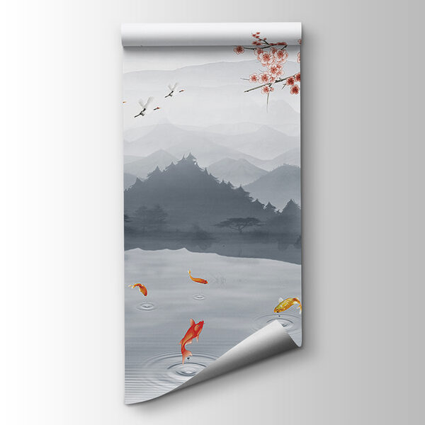Painting of a river with a waterfall and birds Painting of a river with a waterfall and birds