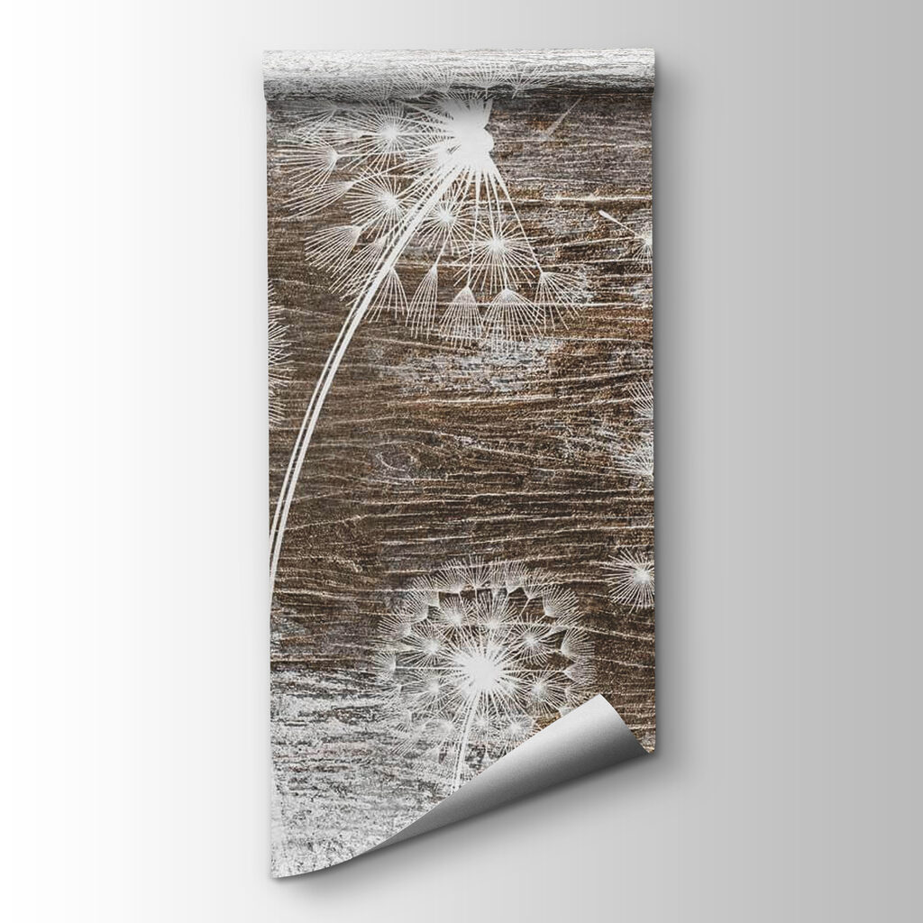 White dandelions on a wood surface