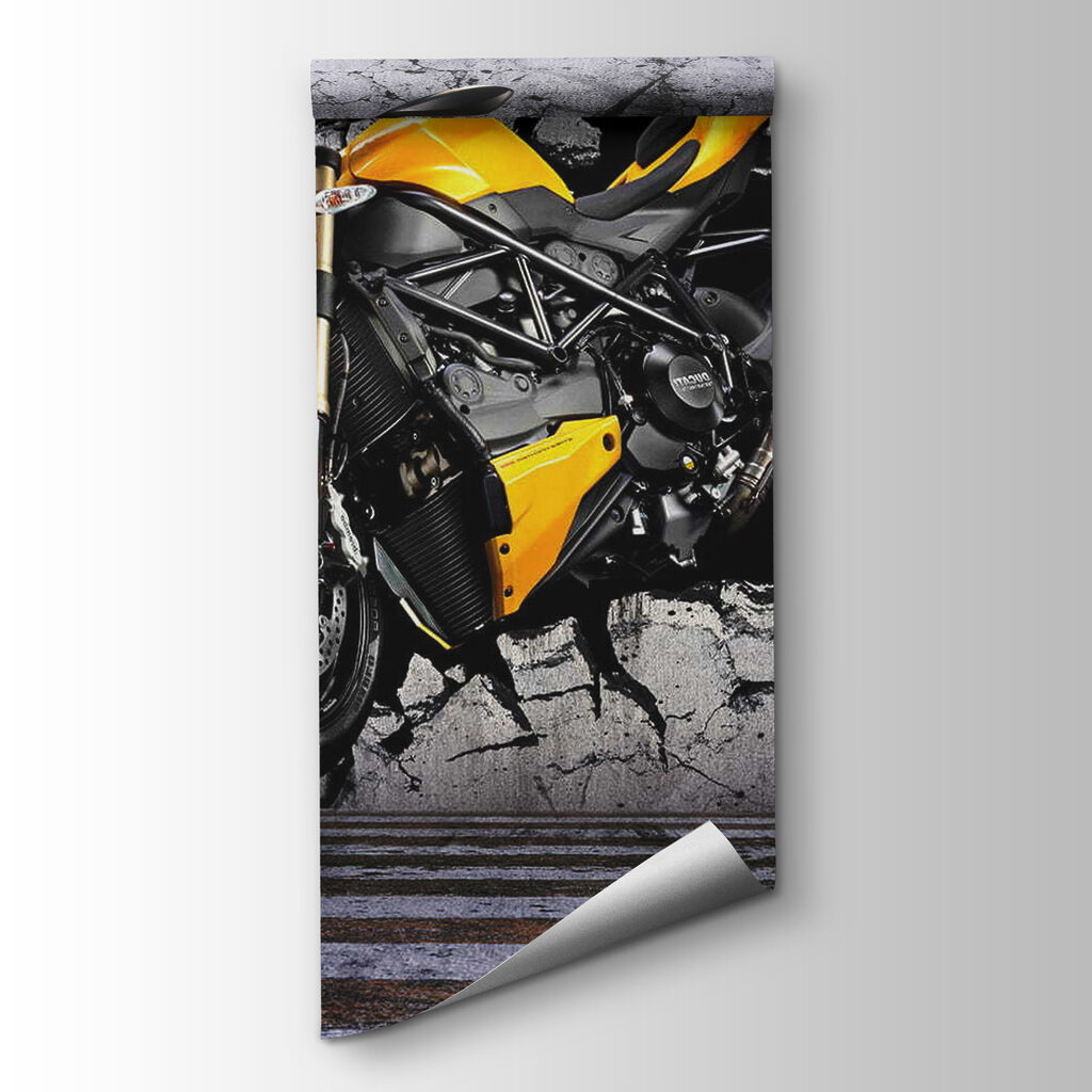 Yellow motorcycle on a wall Yellow motorcycle on a wall