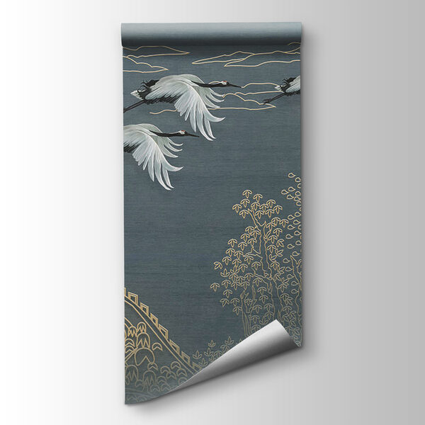 Painting of a landscape with cranes flying over a building