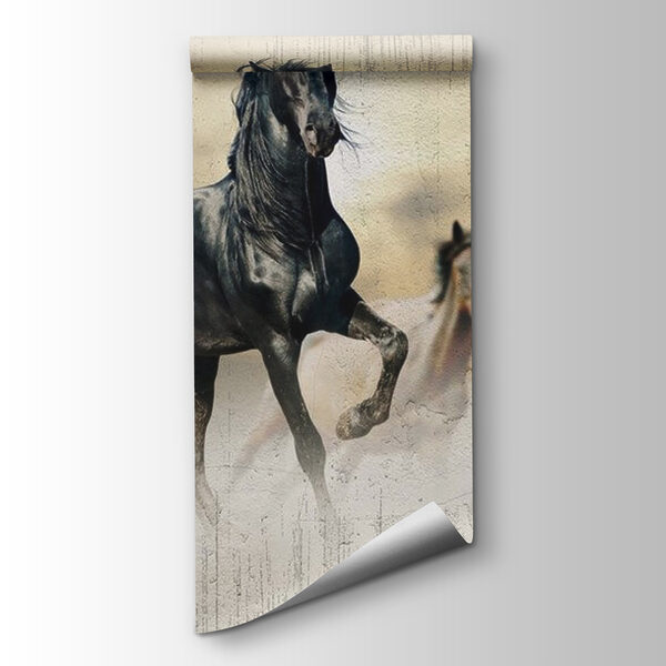 Black horse running in the wind