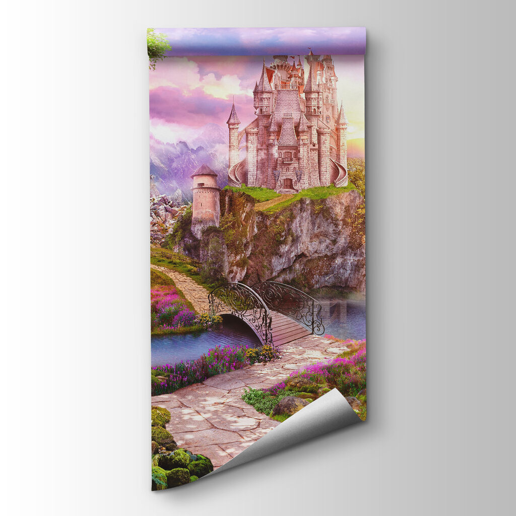 Castle on a cliff with a waterfall and a bridge