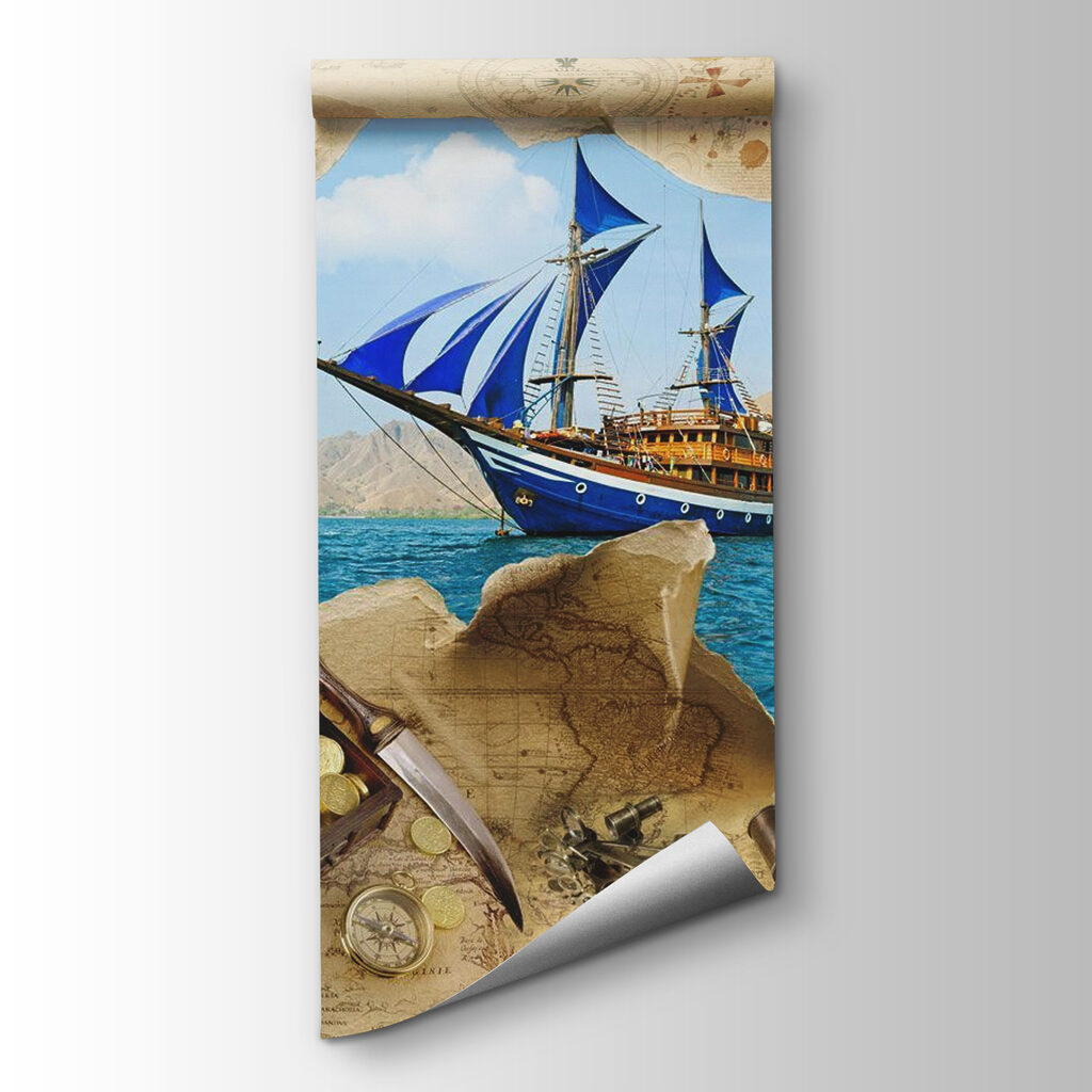 Pirate treasure map with a ship in the water Pirate treasure map with a ship in the water