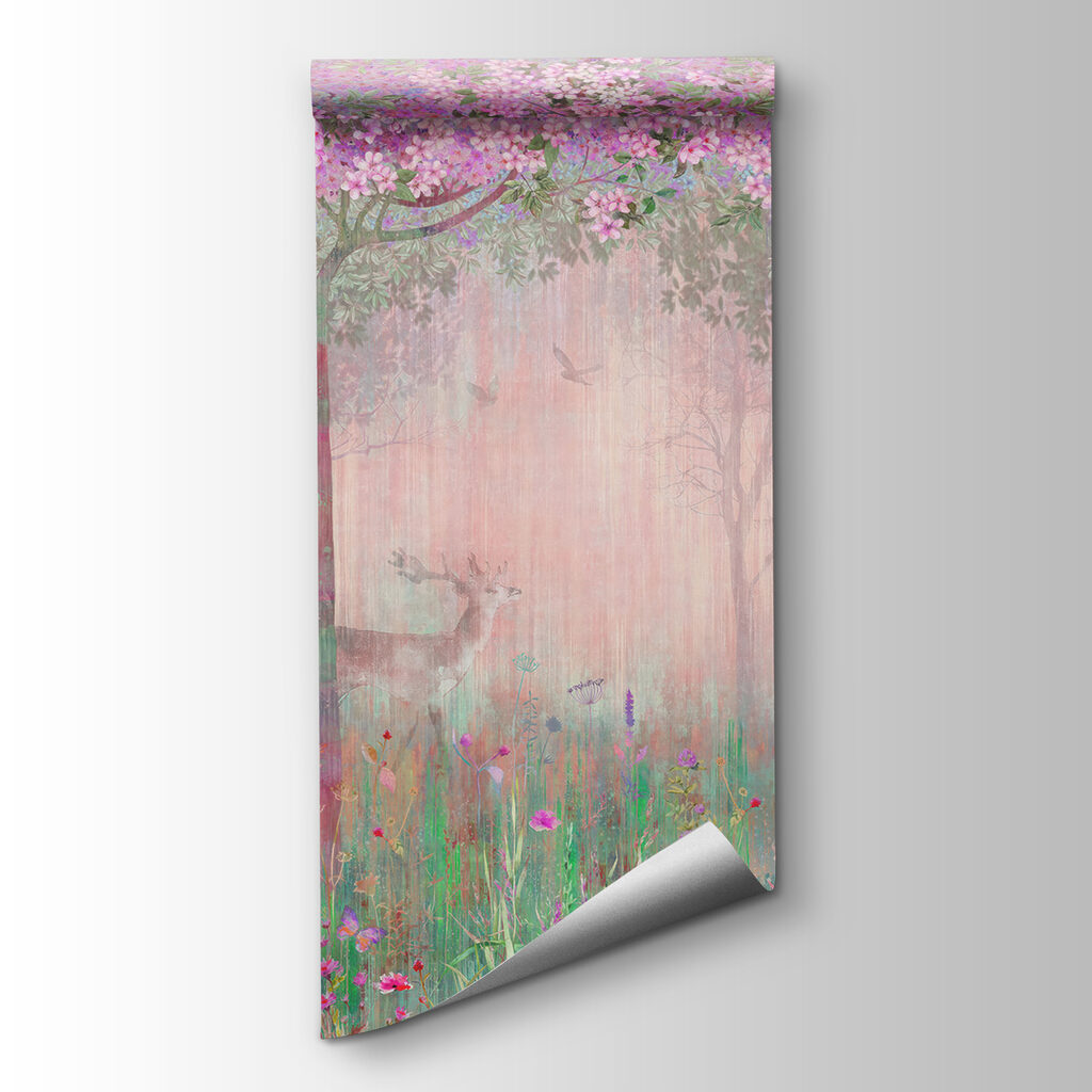 A painting of a forest with pink flowers and trees A painting of a forest with pink flowers and trees