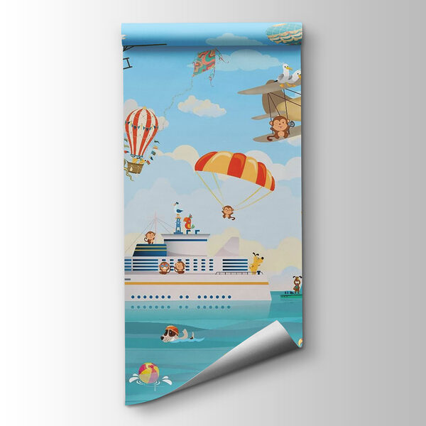 Cartoon animals flying over a boat Cartoon animals flying over a boat