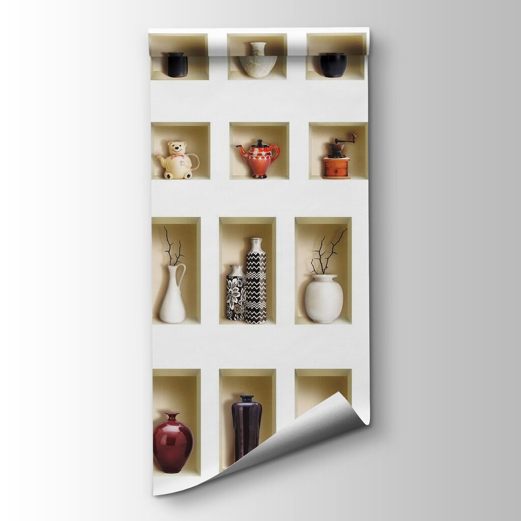 Wall with shelves full of vases and flowers Wall with shelves full of vases and flowers