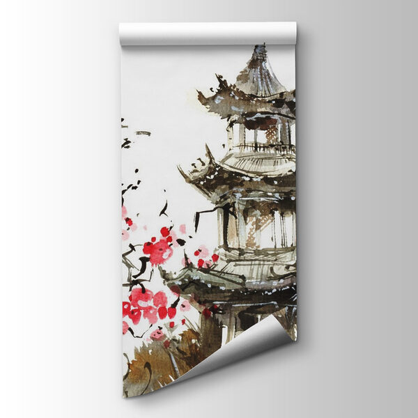 Painting of a pagoda and cherry blossoms Painting of a pagoda and cherry blossoms