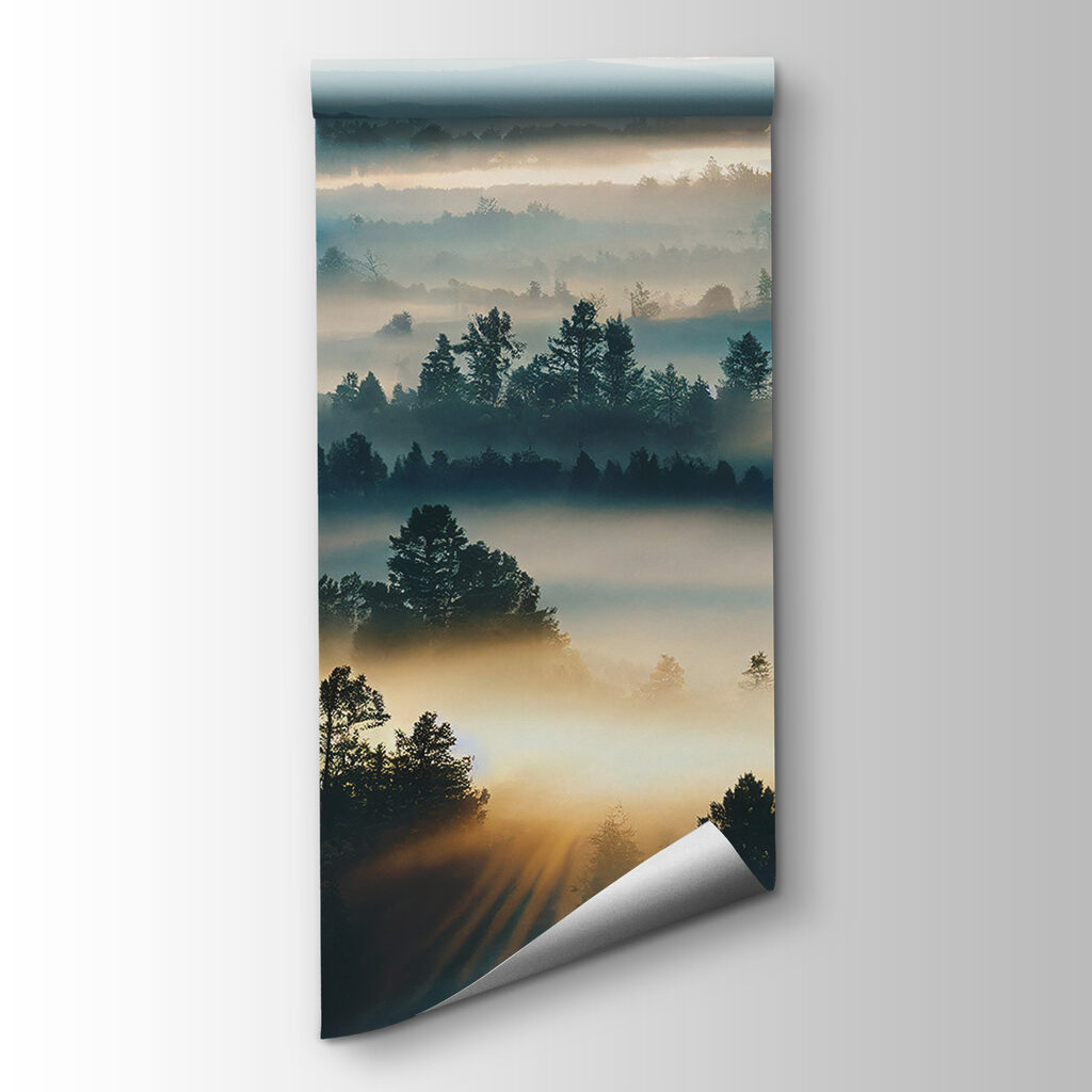 Foggy landscape with trees and mountains