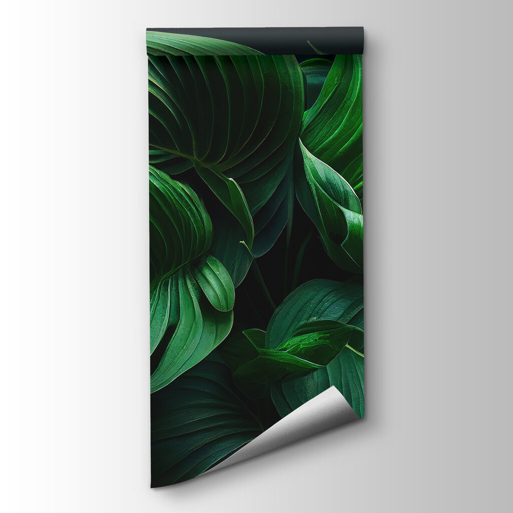 Lush green leaves in serene darkness