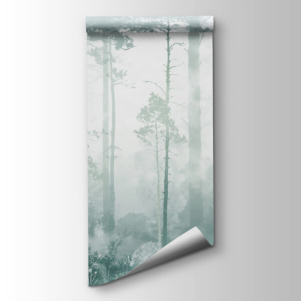 A foggy forest with tall trees
