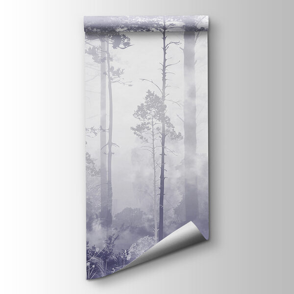 A foggy forest with tall trees