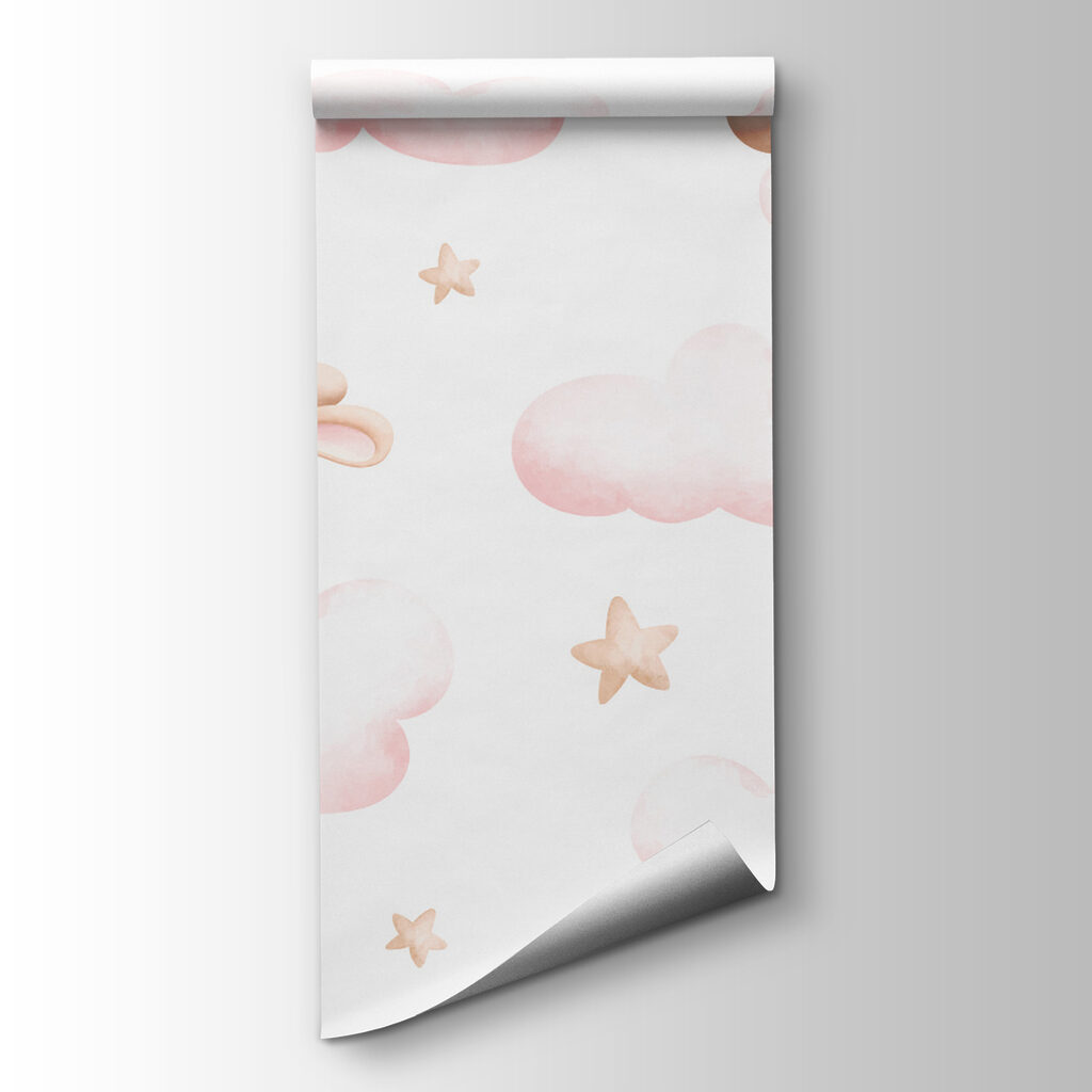 Group of pink clouds and a bunny holding balloons