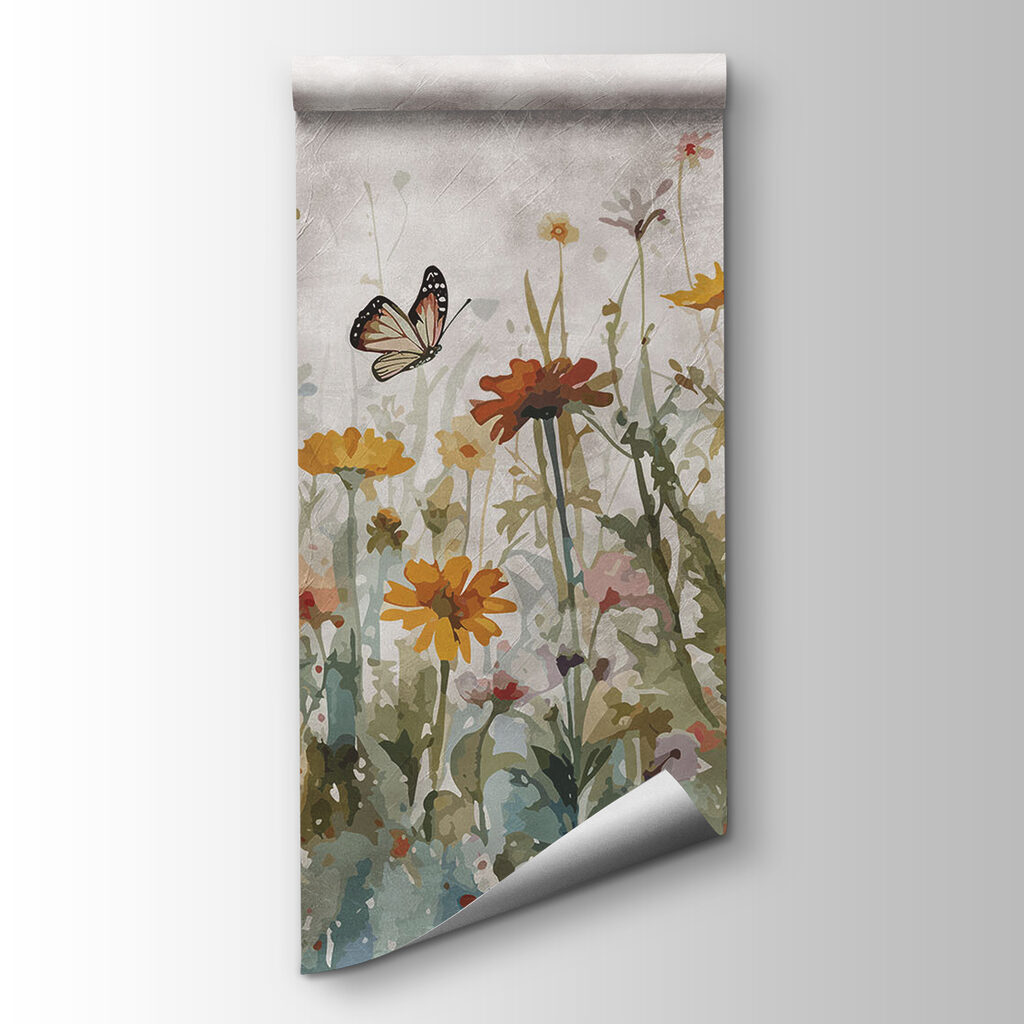 Butterfly flying over a flower field