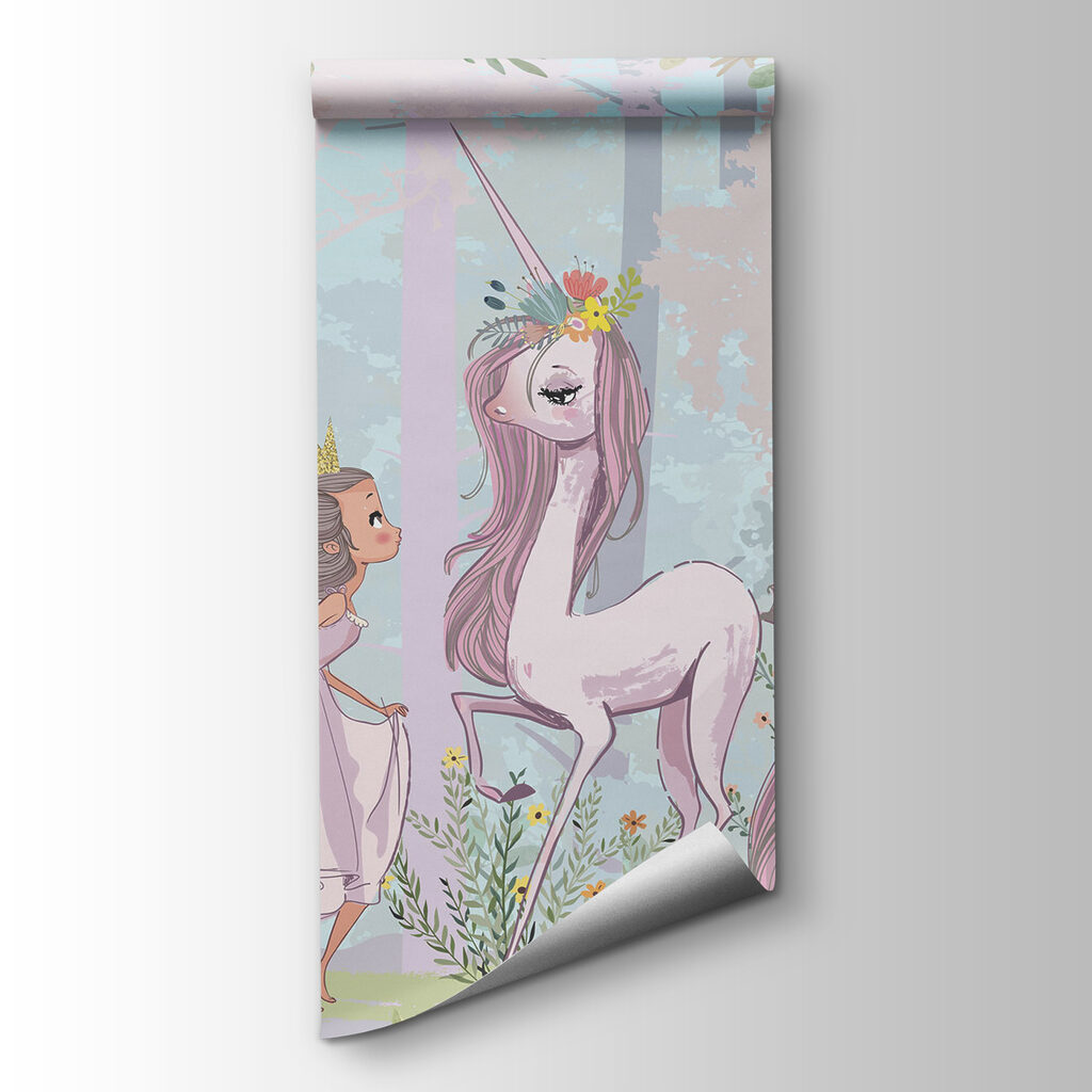 A cartoon of a girl and a unicorn in a forest A cartoon of a girl and a unicorn in a forest