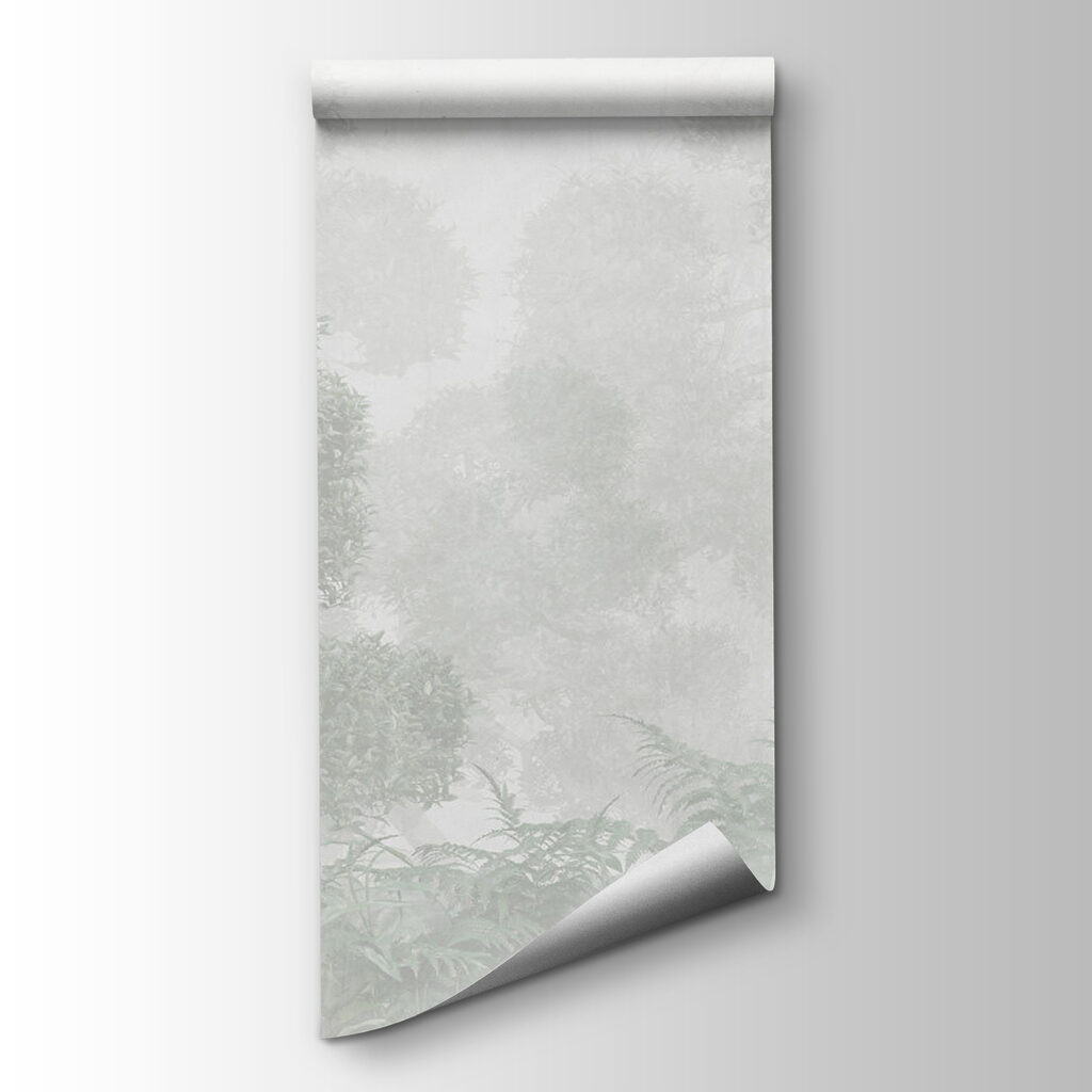 A foggy forest with trees and ferns A foggy forest with trees and ferns